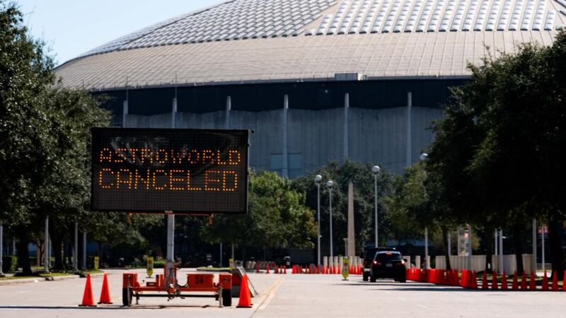 A street sign showing the cancellation of the AstroWorld Festival at NRG Park in Houston, Texas. Photograph: Alex Bierens de Haan/Getty Images