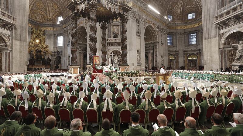 Prelates during the opening Mass of the XVI Ordinary Meeting of the Synod of Bishops, celebrated by Pope Francis, in the Saint Peter’s Basilica in the Vatican City. Photograph: EPA