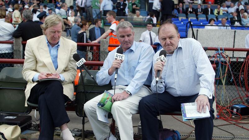 Tom McGurk, Brent Pope and George Hook in 2003. Photo: Billy Stickland/Inpho