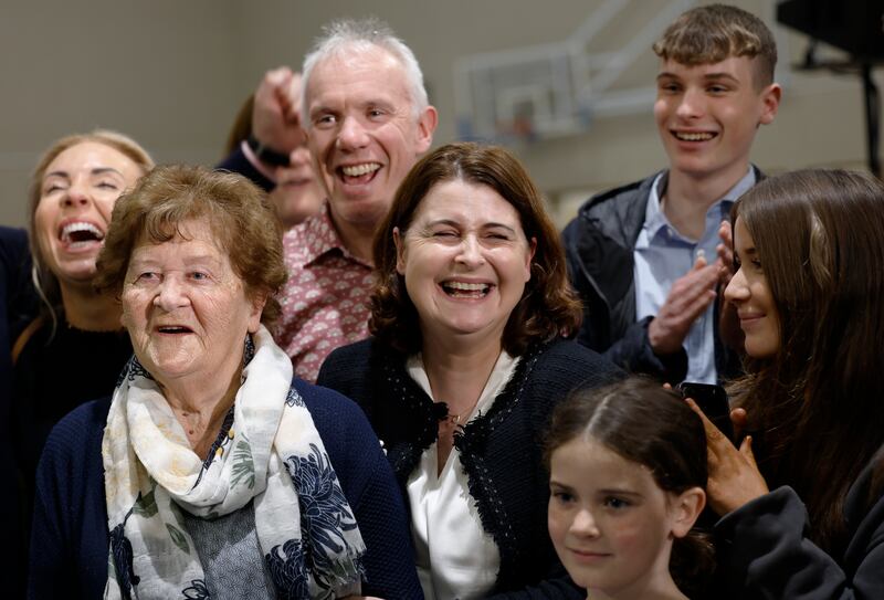 Social Democrats TD Jennifer Whitmore was re-elected at midnight on Sunday, pictured with mother Betty (left) and family at the count centre in Greystones, Co Wicklow.  Photograph: Nick Bradshaw 