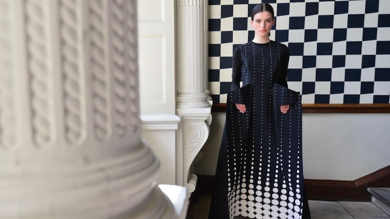 Grace Connell models a dress from the degree collection by Jennifer Belton at the See the Future NCAD fashion showin Newman House, Dublin.  Photograph: Alan Betson