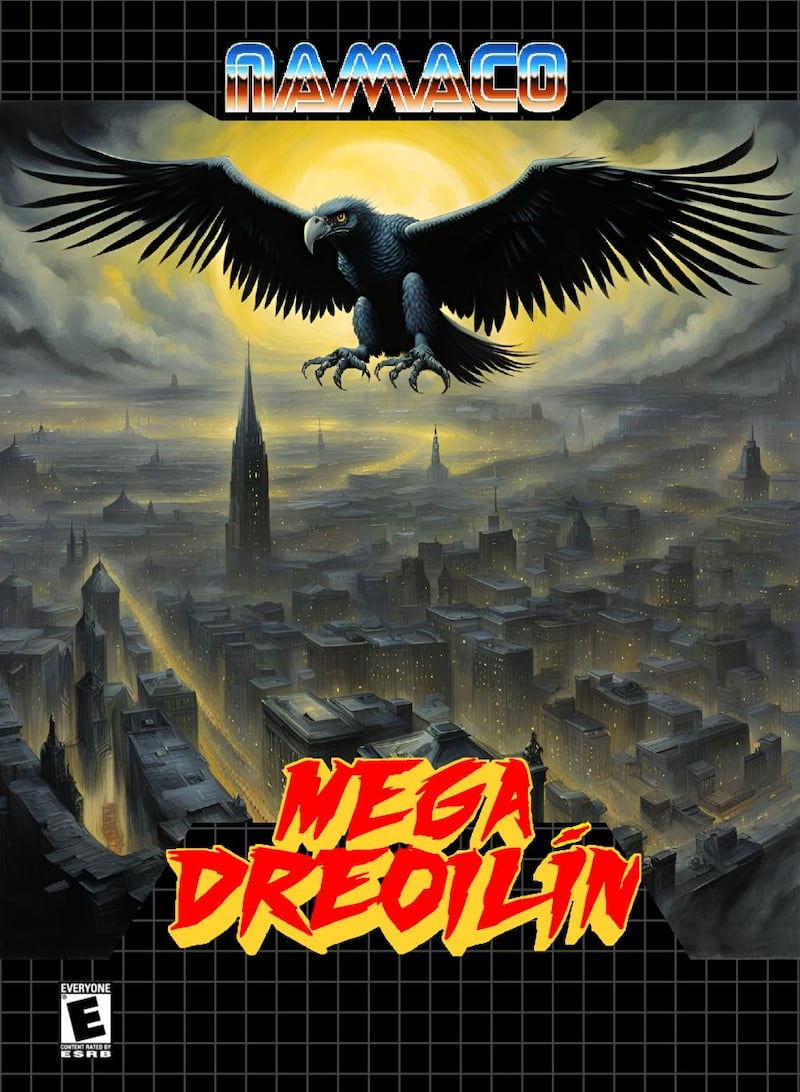 Cover art for the video game Mega Dreoilín, designed by Han Hogan and Donal Fullam, operating under the brand Namaco, which was on show at Pallas Projects/Studios, Dublin this year