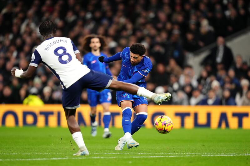 Jadon Sancho scores Chelsea's first goal. Photograph: John Walton/PA