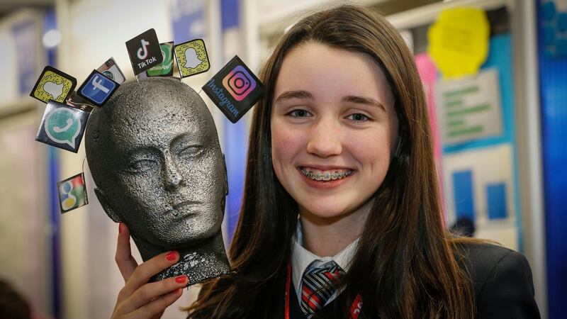 Ava Hynes from Coláiste Treasa, Cork, whose  project on smartphone use   won the runner-up individual prize in this year’s  competition. Photograph: Crispin Rodwell/The Irish Times