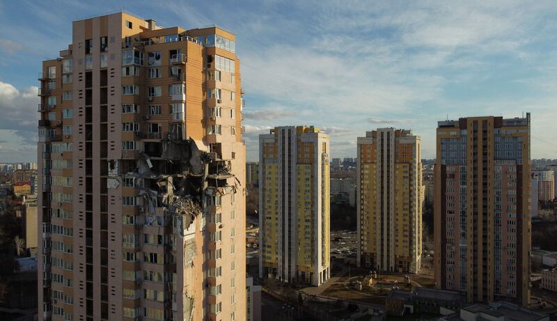 A damaged building on the outskirts of Kyiv after it was reportedly struck by a Russian rocket. Photograph: Daniel Leal/AFP via Getty