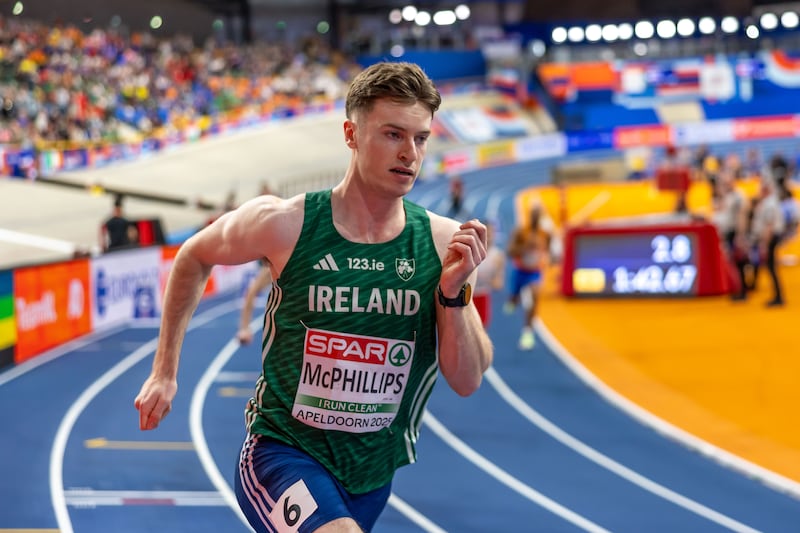 Ireland’s Cian McPhillips during the men's 800m semi-final at the  European Indoor Championships in Apeldoorn. Photograph: Morgan Treacy/ Inpho