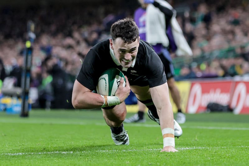 Will Jordan scores a try for New Zealand. Photograh: Ken Sutton/Inpho