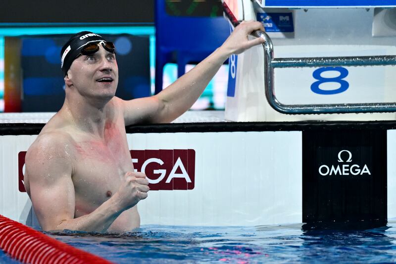 Ireland's Shane Ryan celebrates after winning bronze in the 50m backstroke final at the the World Short Course Swimming Championships in Budapest. Photograph: Andrea Masini/Inpho