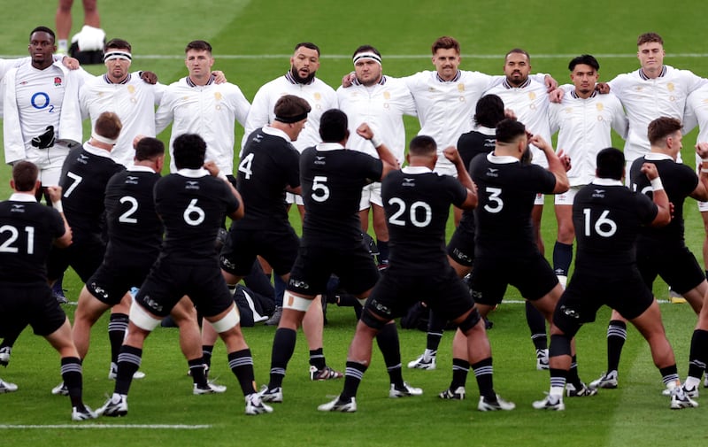 England players face New Zealand as they perform the Haka prior to the Autumn Nations Series match at Twickenham. Photograph: Warren Little/Getty Images