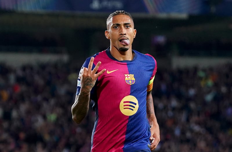 Raphinha of FC Barcelona celebrates scoring his team's fourth goal and his hat-trick goal. Photograph: Pedro Salado/Getty