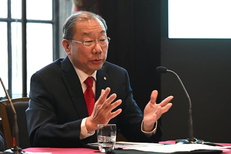 Dr Shoo Lee gestures as he speaks during a press conference to present new evidence regarding the safety of the convictions of former nurse Lucy Letby in London, England. Photograph: Leon Neal/Getty Images