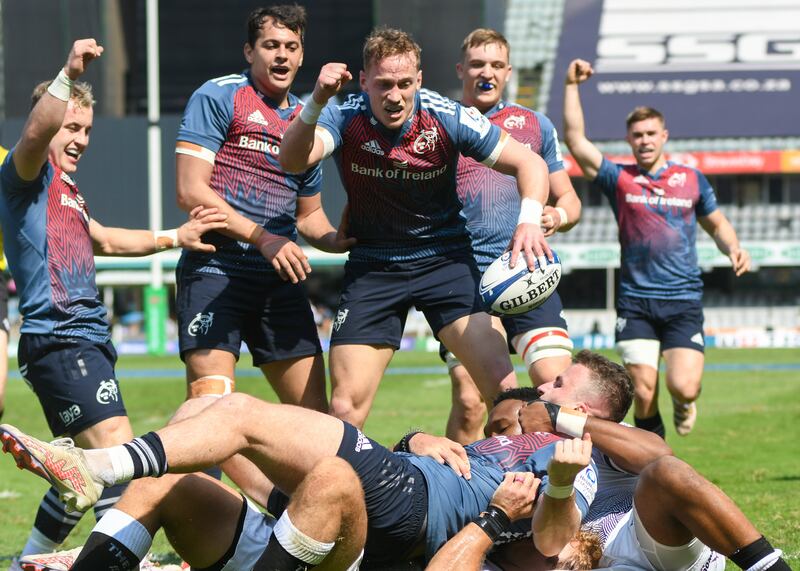 Shane Daly celebrates with his Munster team mates after scoring a try against the Sharks last month in Durban. Photograph: Darren Stewart/Gallo Images