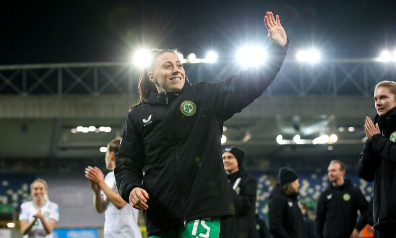 Ireland’s Lucy Quinn celebrates after the game. Photograph: Ryan Byrne/Inpho