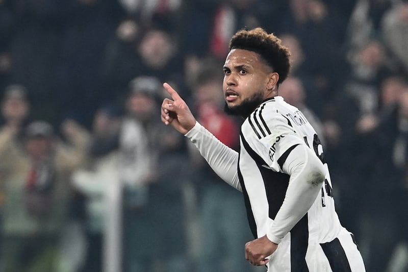 Juventus' Weston McKennie celebrates scoring against PSV Eindhoven. Photograph: Isabella Bonotto/AFP via Getty Images