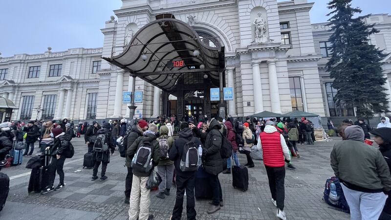 Lviv train station in western Ukraine, which is now a hub for people fleeing to EU states to escape Russia’s invasion. Photograph: Daniel McLaughlin