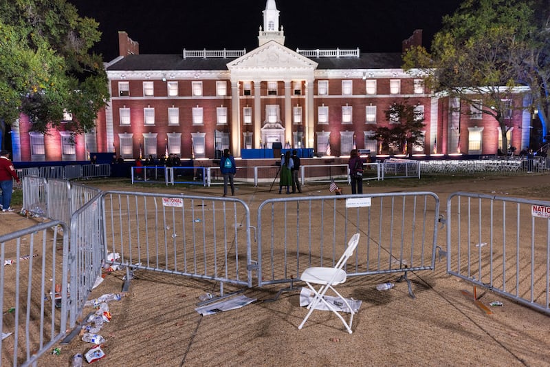 The set and podium for Kamala Harris's election night watch party after she declined to speak and crowds dispersed at Howard University. Photograph: EPA-EFE