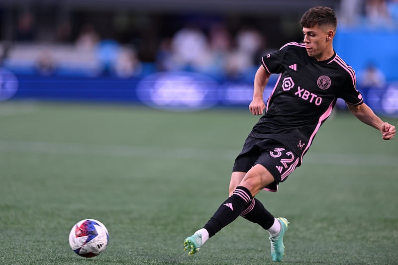 Noah Allen of Inter Miami passes during the first half against Charlotte FC  at Bank of America Stadium, October 21st, 2023, in Charlotte, North Carolina. Photograph: Matt Kelley/Getty 