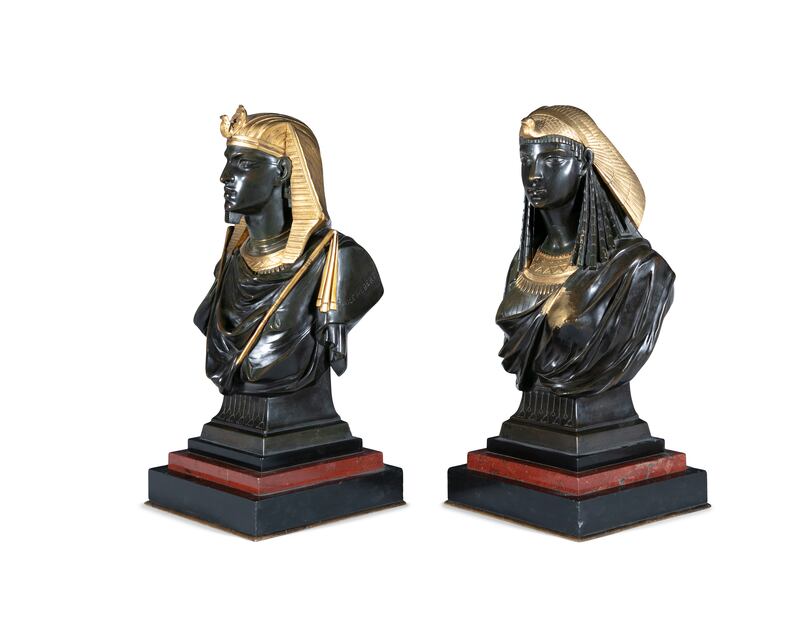 A pair of bronze and gilt decorated busts of Egyptian pharaoh Ramses and the goddess Isis, €1,500-€2,500, Adam's