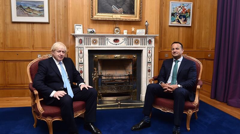 British prime minister Boris Johnson (left) meets Taoiseach Leo Varadkar at Government Buildings on Monday. Photograph: Getty