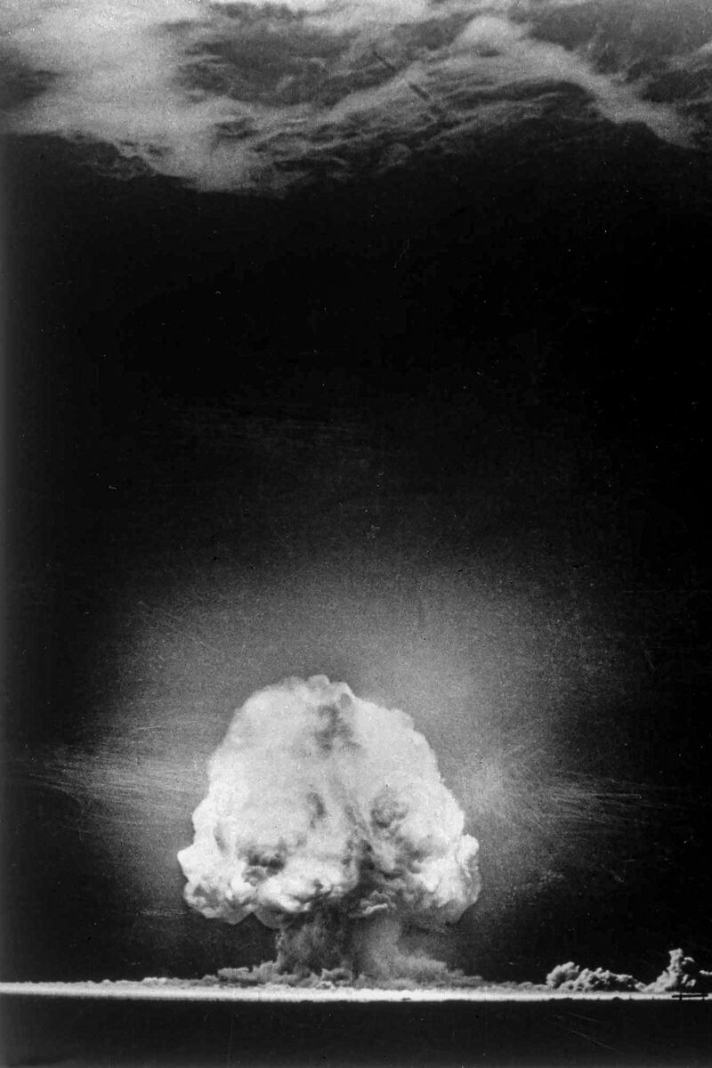 Mushroom cloud caused by the Trinity nuclear test, on July 16, 1945. Photogrpah: US department of defence/The New York Times