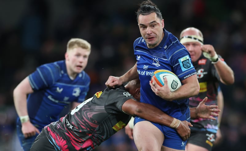 James Lowe of Leinster is tackled by Stormers’ Salmaan Moerat at the Aviva Stadium. Photograph: James Crombie/Inpho