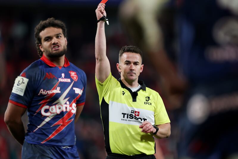 Referee Luke Pearce shows a red card to Stade Francais' Pierre-Henri Azagoh. Photograph: Billy Stickland/Inpho