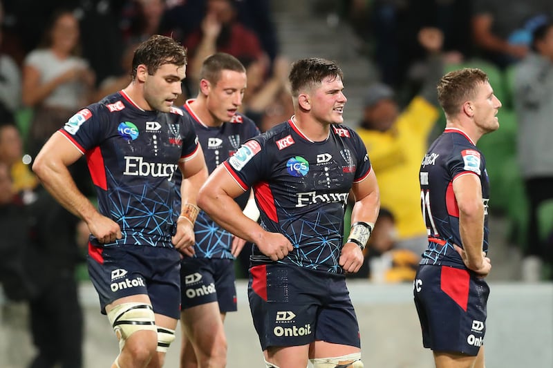 Melbourne Rebels players look dejected following a defeat to Hurricanes last year. Due to financial debts, the club was shut down by Rugby Australia and will not play in Super Rugby this year. Photograph; Kelly Defina/Getty Images