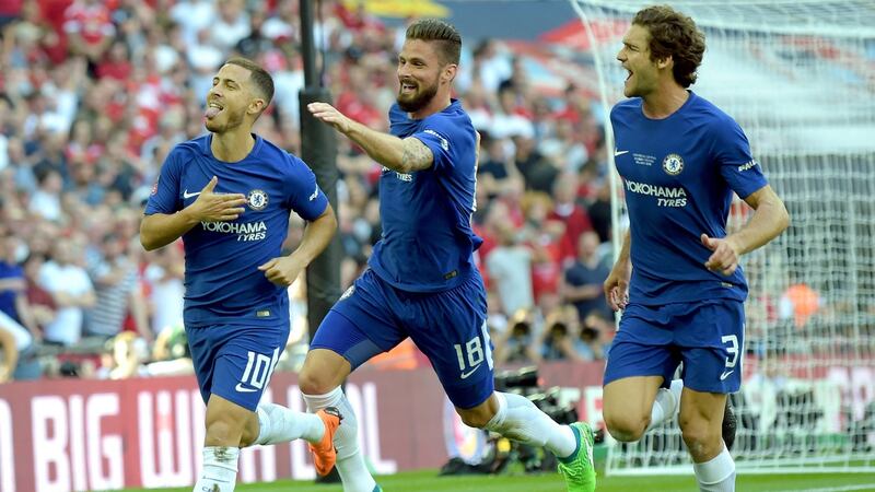 Chelsea’s Eden Hazard celebrates after scoring in the FA Cup final. Photograph: PA