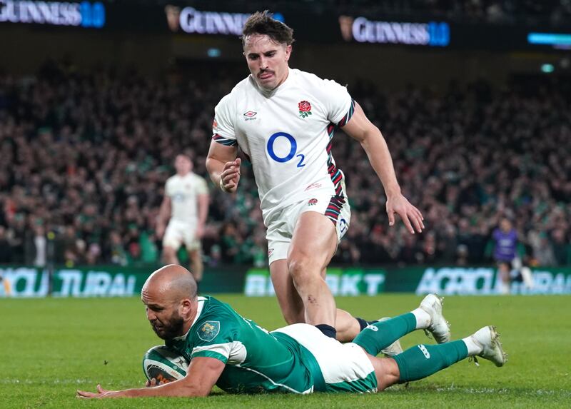 Jamison Gibson-Park scores Ireland's first try of the game after good work from James Lowe. Sam Prendergast missed the conversion as Ireland went into the break 10-5 behind. Photograph: Brian Lawless/PA