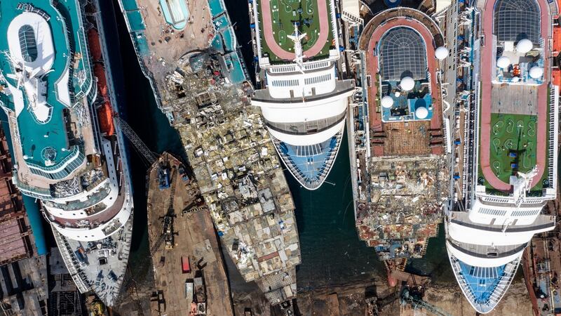 Five luxury cruise ships are seen being broken down for scrap metal at the Aliaga ship recycling port on October 02, 2020 in Izmir, Turkey. Photograph: Chris McGrath/Getty