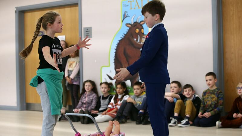 Pupils at Kildare Town Educate Together National School work on their intercultural play presentation. Photograph: Laura Hutton