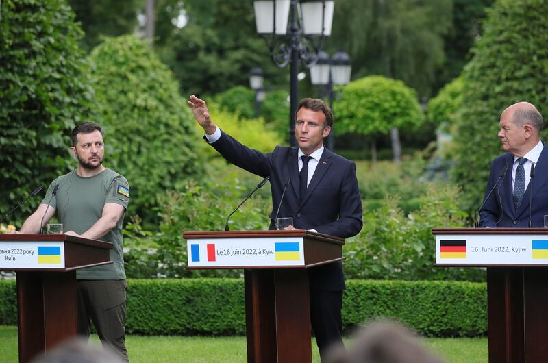 Ukrianian president Volodymyr Zelenskiy, French president Emmanuel Macron and German chancellor Olaf Scholz during a meeting in Kyiv in June last year. Photograph: Alamy Stock/AP