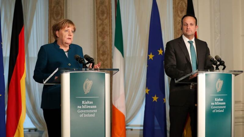 German chancellor Angela Merkel speaks at a joint press conference alongside Taoiseach Leo Varadkar at Farmleigh House in Dublin on Thursday. Photograph: Maxwell Photography/PA Wire