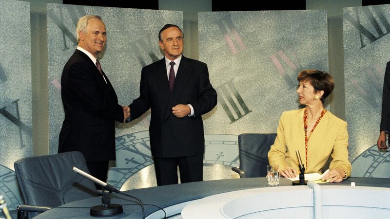 John Bruton and Albert Reynolds with Olivia O’Leary,  who presented Prime Time between 1992 and 1994