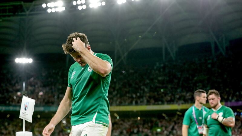 Jacob Stockdale leaves the pitch following Ireland’s defeat to Japan. Photograph: Dan Sheridan/Inpho