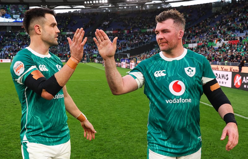 Ireland’s Conor Murray and Peter O’Mahony celebrate as they played their final international. Photograph: Billy Stickland/Inpho