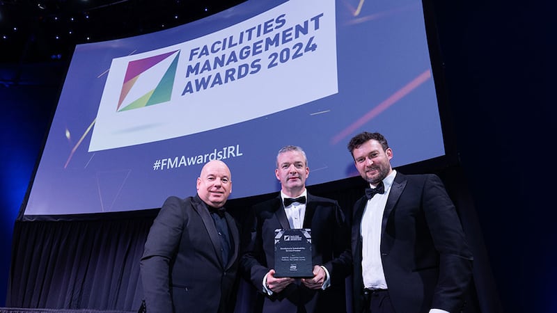 David Norton, key account manager Ireland of Tork, an Essity brand, presents the excellence in sustainability – service provider award to John Silke, BAM FM and Ian Hunter, Swords Pavillon