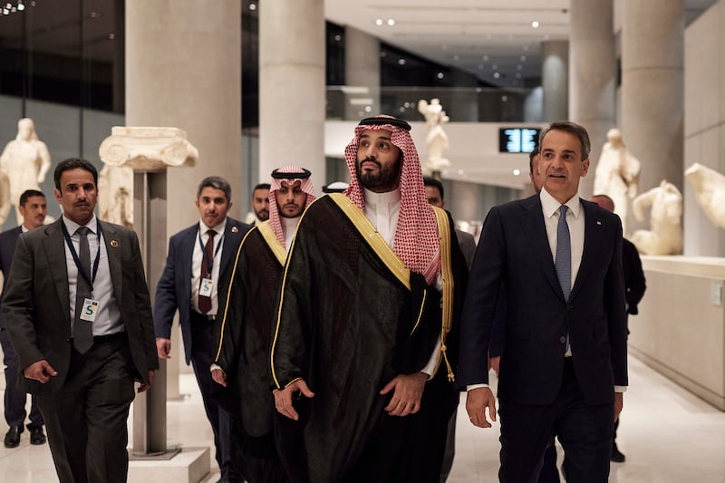 Mohammed bin Salman at the Acropolis Museum of Athens. Photograph: Dimitris Papamitsos/Greek Prime Minister’s Office via AP