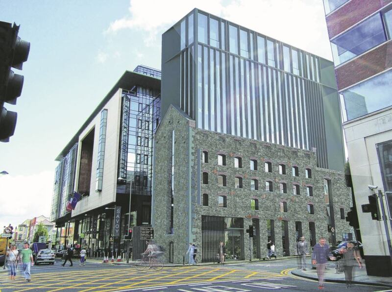 The proposed extension to the Savoy Hotel on Henry Street. The  tower proposes to rise up within the retained walls of a 1790s cornstore