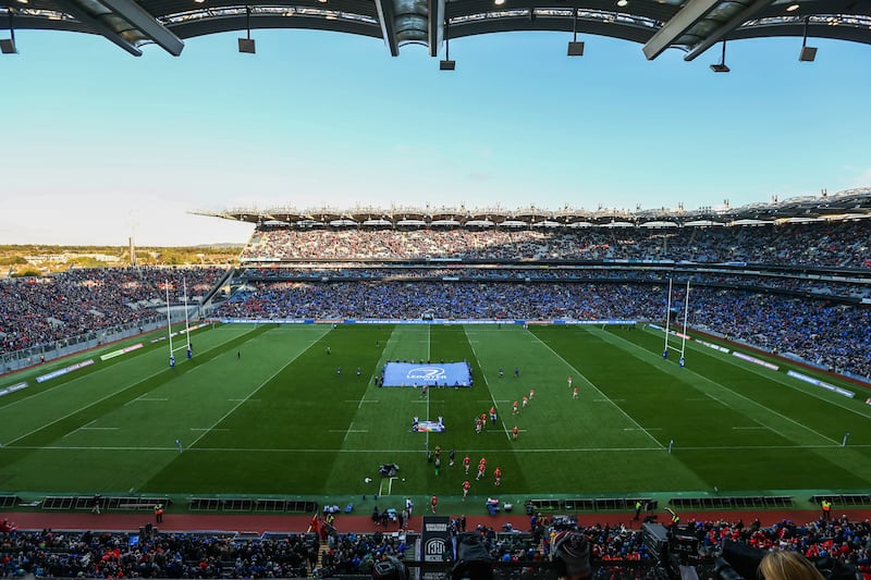 Munster make their way to the pitch ahead of a game against Leinster at Croke Park on October 12th, 2024. The slightly embarrassing fact for the GAA is that the Leinster rugby team had more full houses at Croke Park last year than any football county. Photograph: Tom Maher/Inpho