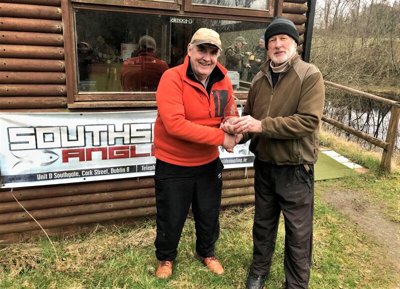 Caption 4.
Hubert Smith (left), winner of the winter league final, with Brian Nally, proprietor of Annamoe Trout Fishery, Co Wicklow.. Hubert caught 14 rainbow trout.