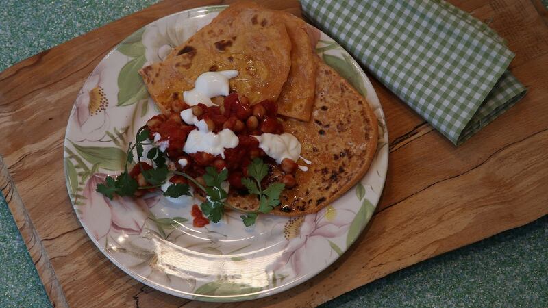 Sweet potato roti, chickpeas, tomato and cumin. Photograph: Nick Bradshaw