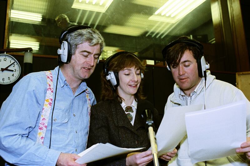 Scrap Saturday: Dermot Morgan making the radio satire with Pauline McLynn and Gerry Stembridge in 1990. Photograph: RTÉ