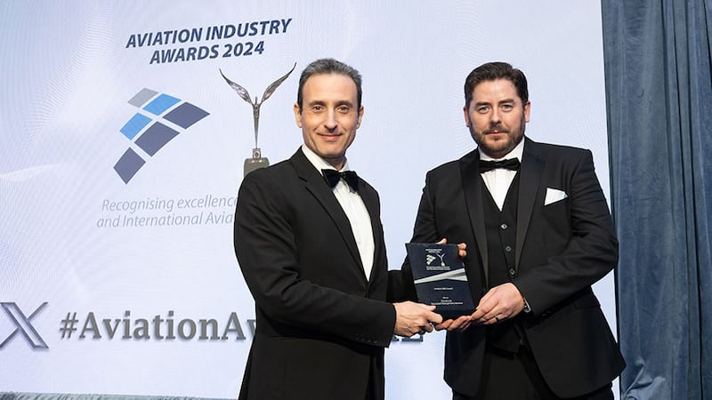 Kyriakos Kourousis, awards judge, presents the aviation R&D Award to Barry Fitzgerald, Cloudcards