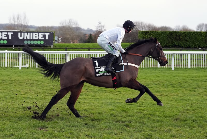 Constitution Hill ridden by jockey Nico de Boinville on their way to winning the Unibet Hurdle Festival Trials Day at Cheltenham on Satutrday. Photograph: Bradley Collyer/PA Wire