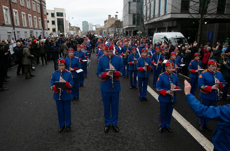 Members of The Artane Band during the funeral procession for Shane MacGowan in Dublin city centre. Photograph: Collins
