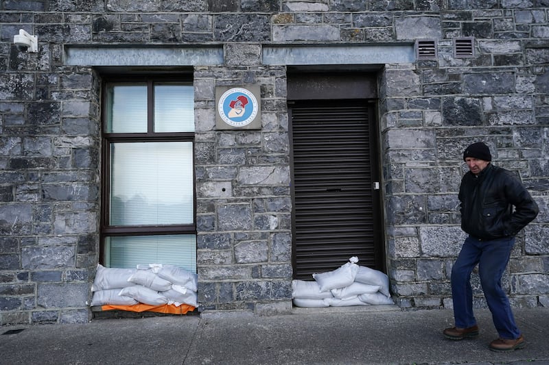 Sand bags in Galway city centre as Storm Ashley swept across the island of Ireland. Photograph: Brian Lawless/PA Wire