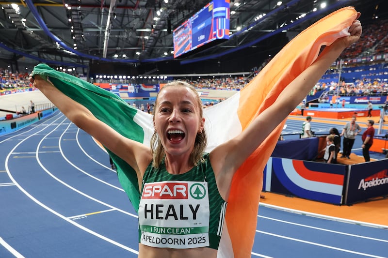 Ireland’s Sarah Healy celebrates victory in the women's 3,000m final in Apeldoorn. Photograph: Morgan Treacy/Inpho