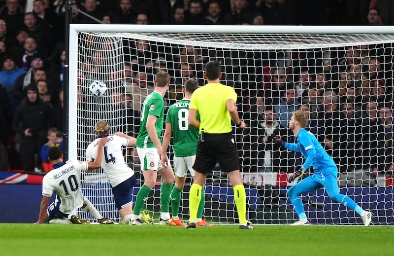 England's Conor Gallagher scores their side's third goal of the game at Wembley Stadium. Photograph: Bradley Collyer/PA Wire