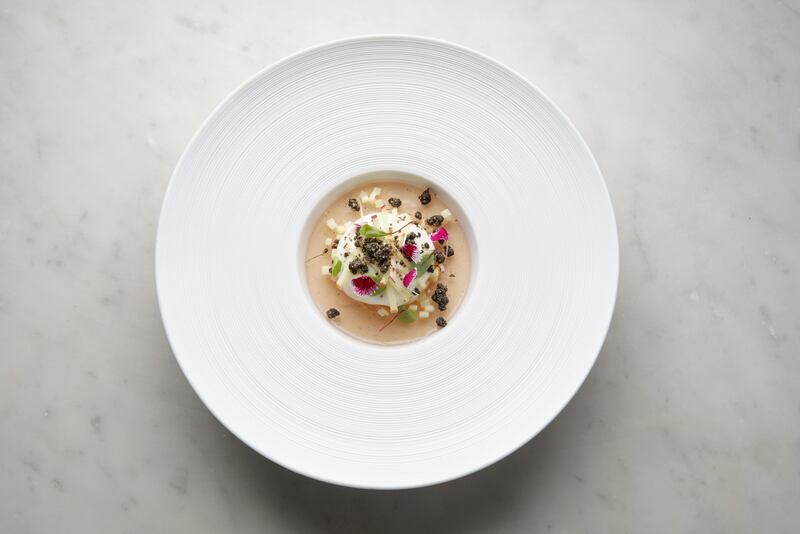 This is Irish food: Conor Halpenny’s sweet dish, of set rice, fermented apple, yogurt and malt. Conor Halpenny, winner of the Euro-Toques Young Chef 2017 competition. PR shot